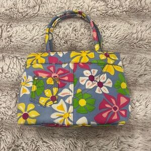 Vintage Small Blue Purse with Colorful Flowers with Front Pockets